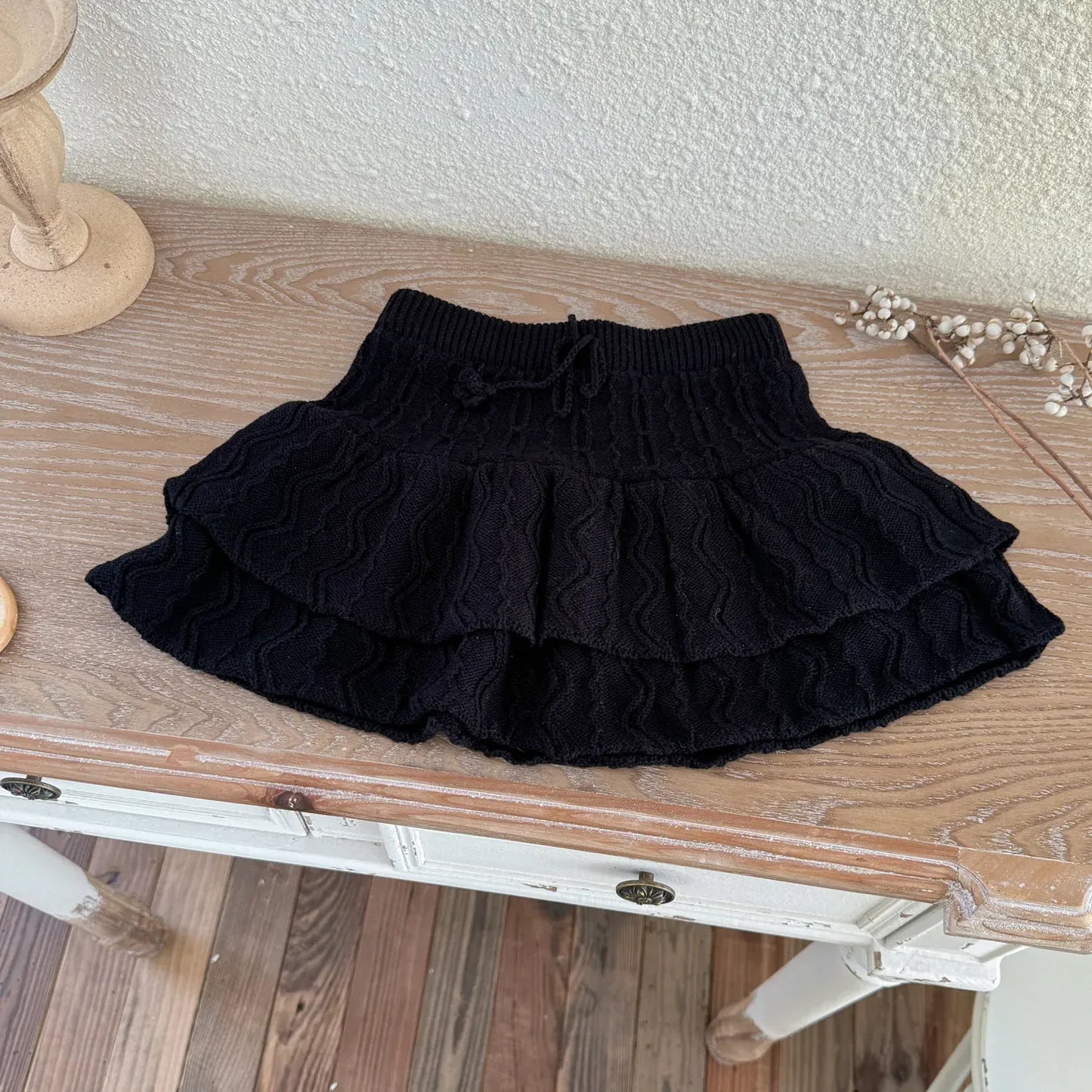スカート Black / 2T (90) キッズスカート ダブルレイヤーニットミニケーキスカート【mh0007669】