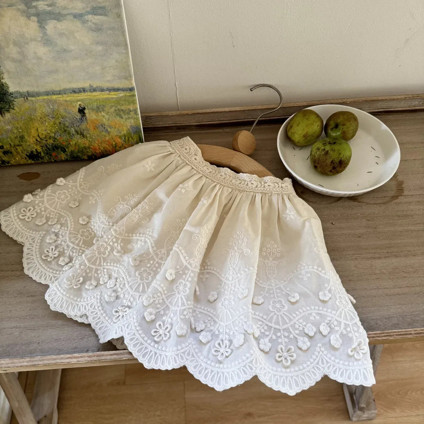 スカート キッズスカート フラワープリント/刺繍スカラップレーススカート【mh-0008933】