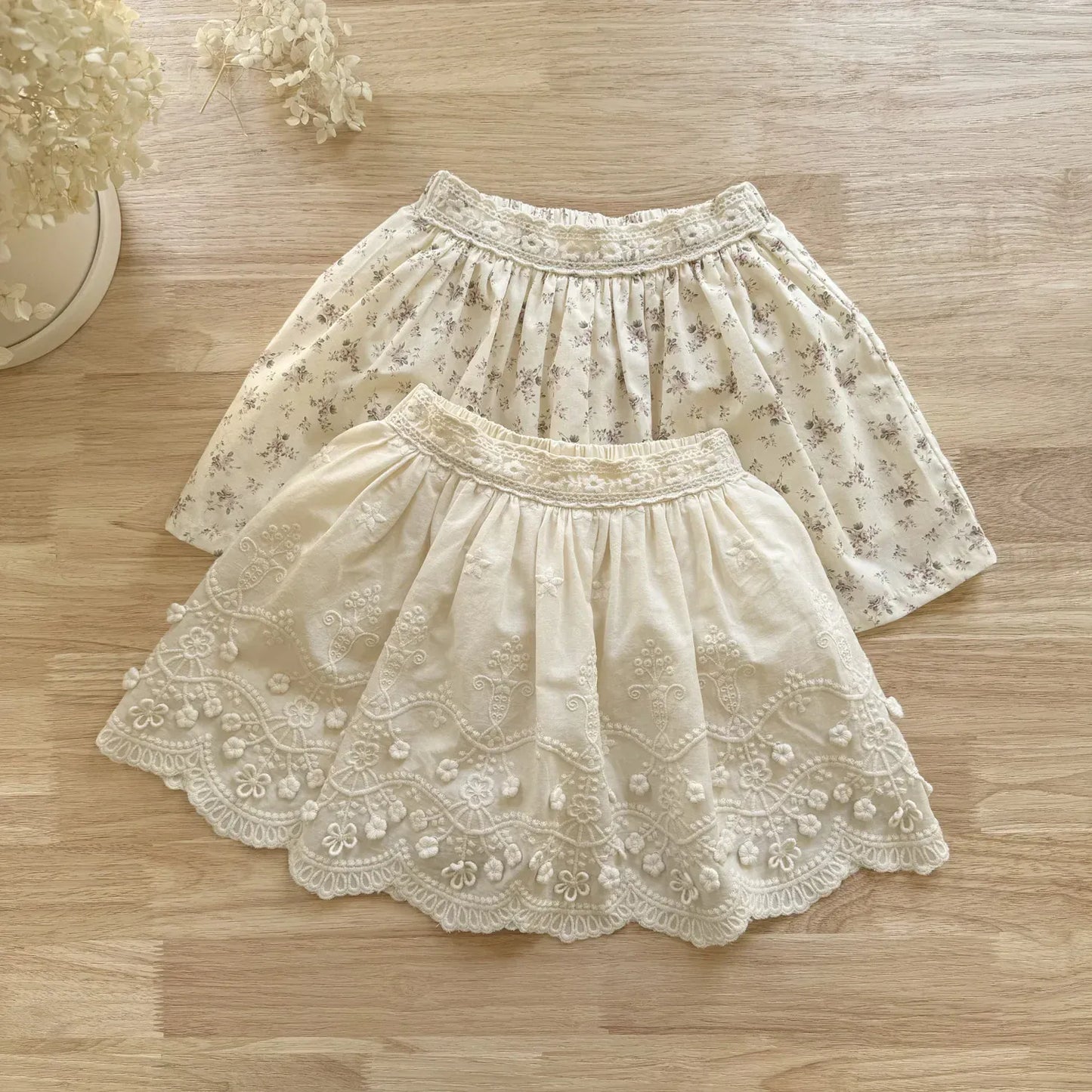 スカート キッズスカート フラワープリント/刺繍スカラップレーススカート【mh-0008933】