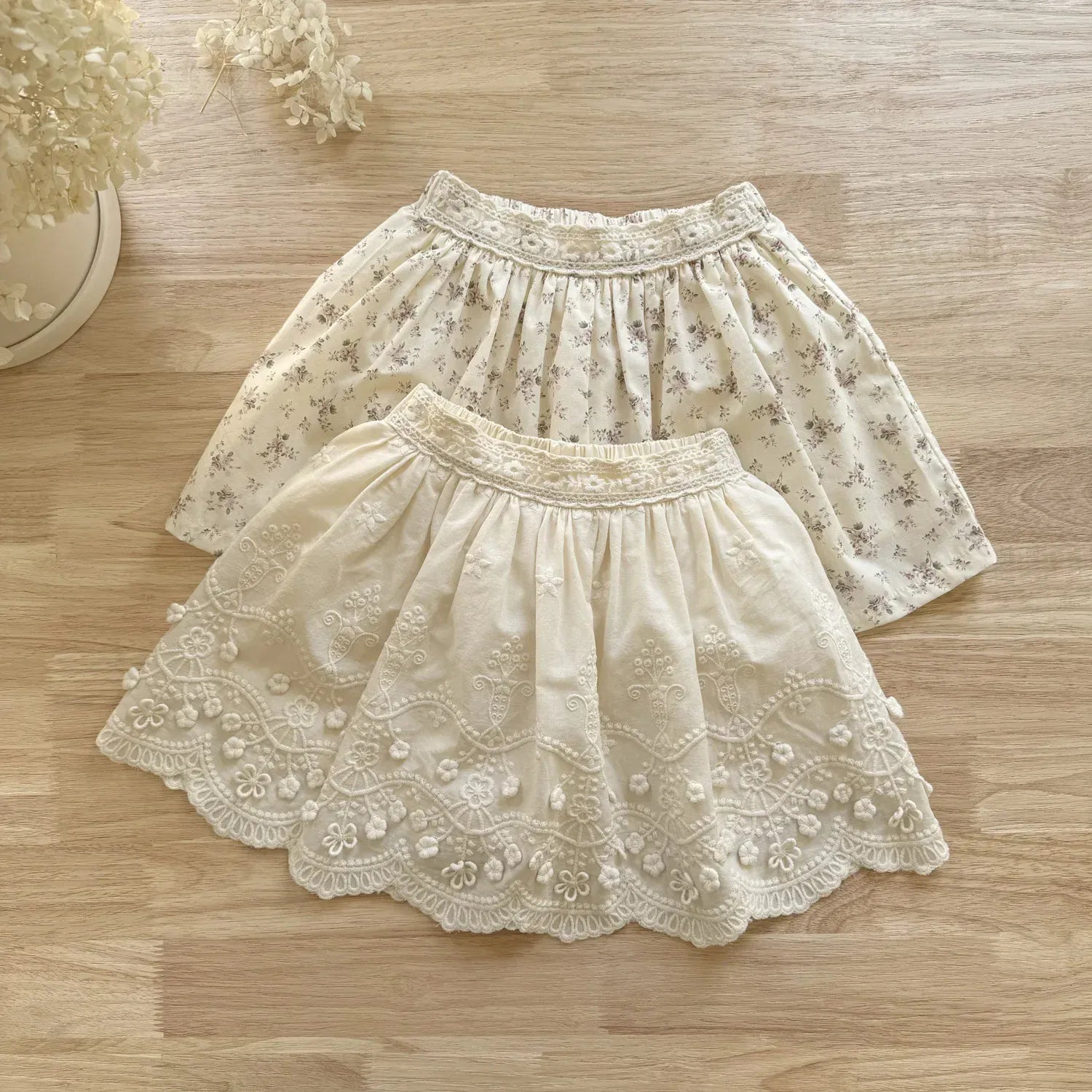 スカート キッズスカート フラワープリント/刺繍スカラップレーススカート【mh-0008933】