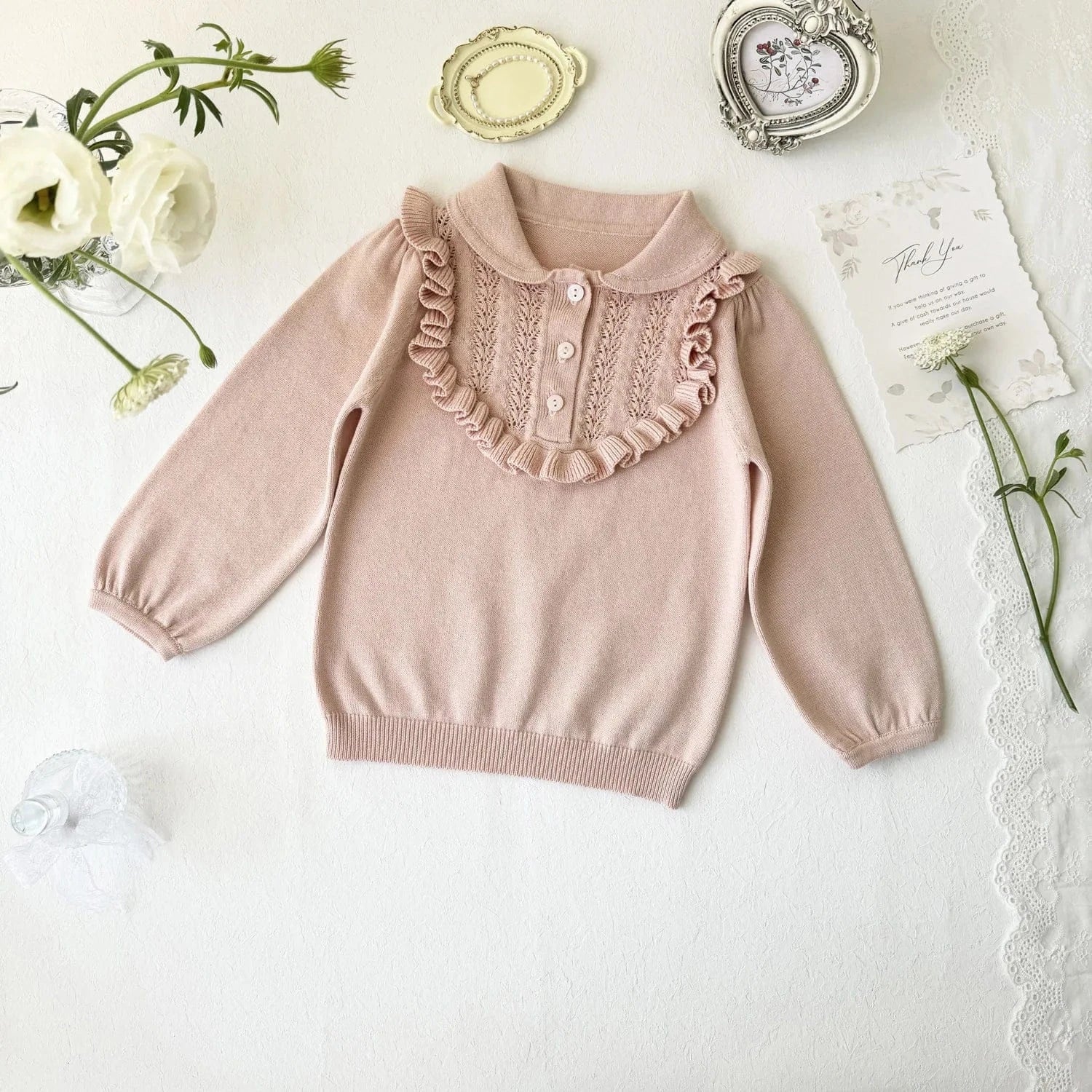 長袖シャツ・ブラウス Pink / 2T (90) キッズトップス ニット 長袖ブラウス フ襟付きフリルカットソー  ピンク/ベージュ/2カラー【mh0004497】