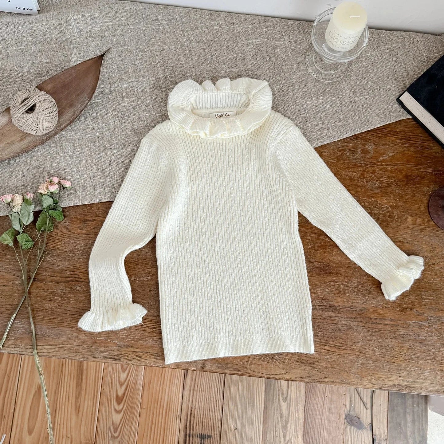 長袖Tシャツ Beige / 90cm キッズトップス ダブルラッフルカラーハイネック長袖カットソーTシャツ【mh0007670】