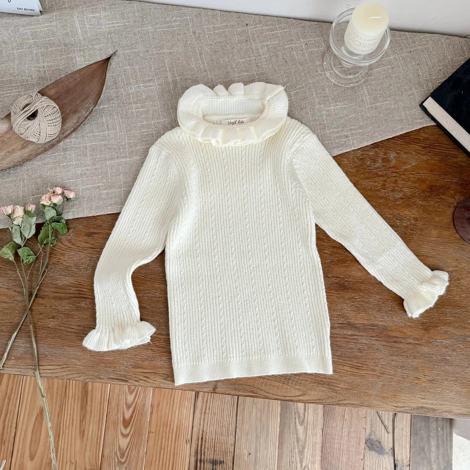 長袖Tシャツ Beige / 90cm キッズトップス ダブルラッフルカラーハイネック長袖カットソーTシャツ【mh0007670】