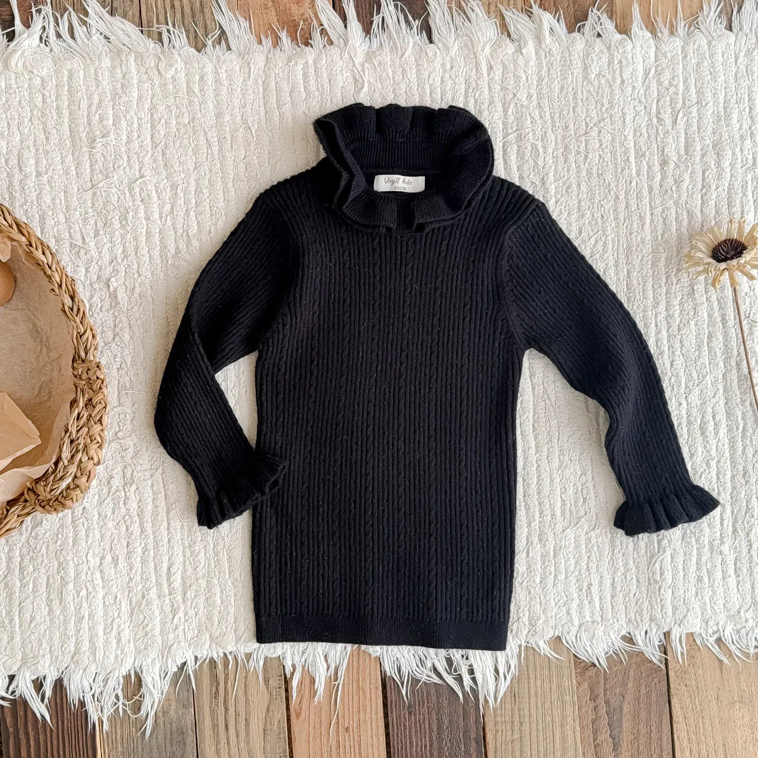 長袖Tシャツ Black / 90cm キッズトップス ダブルラッフルカラーハイネック長袖カットソーTシャツ【mh0007670】