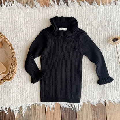 長袖Tシャツ Black / 90cm キッズトップス ダブルラッフルカラーハイネック長袖カットソーTシャツ【mh0007670】