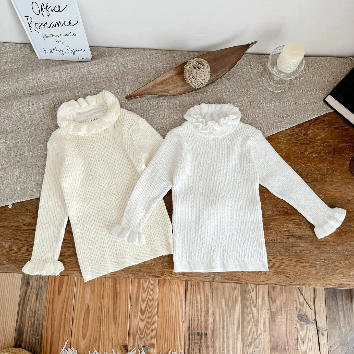 長袖Tシャツ キッズトップス ダブルラッフルカラーハイネック長袖カットソーTシャツ【mh0007670】