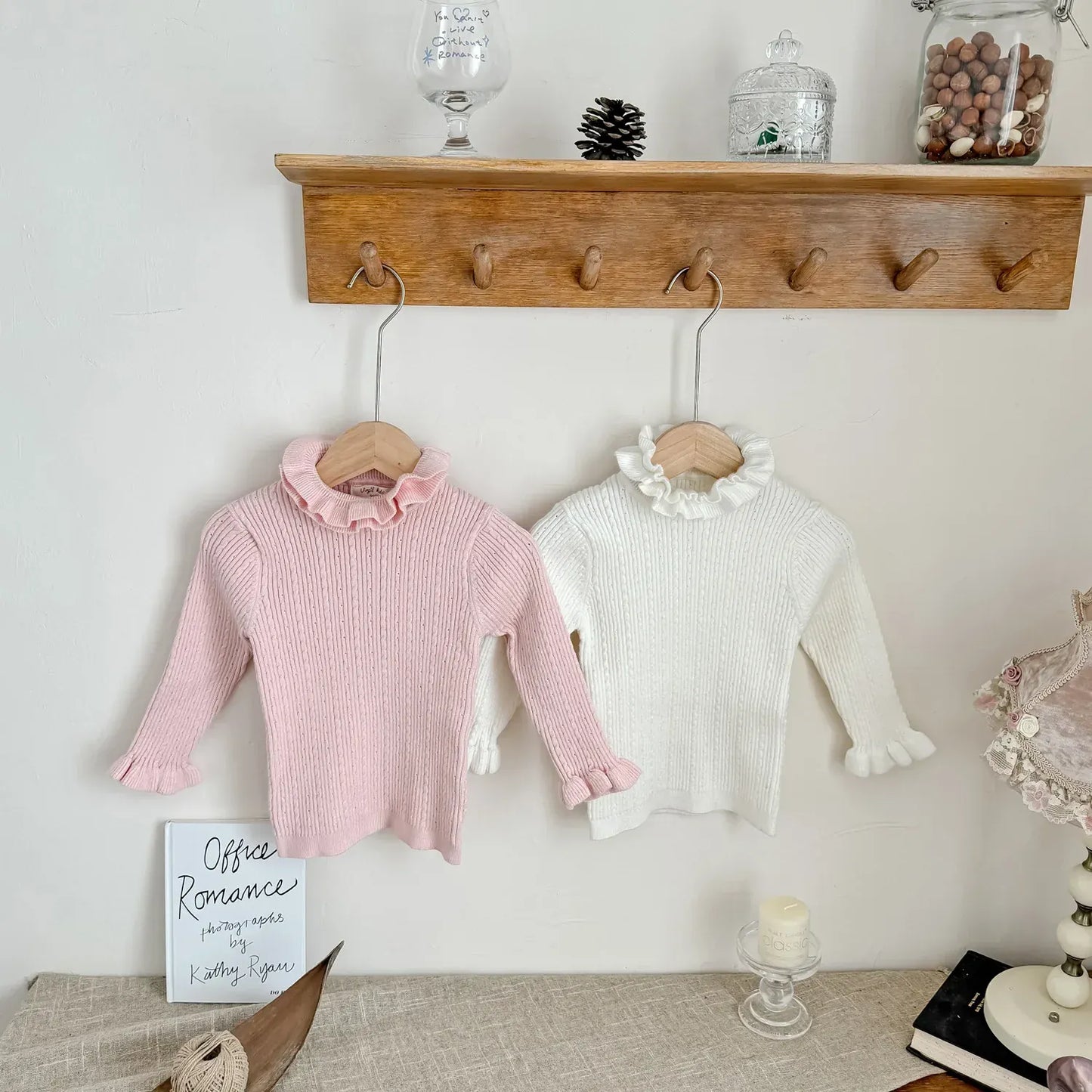 長袖Tシャツ キッズトップス ダブルラッフルカラーハイネック長袖カットソーTシャツ【mh0007670】