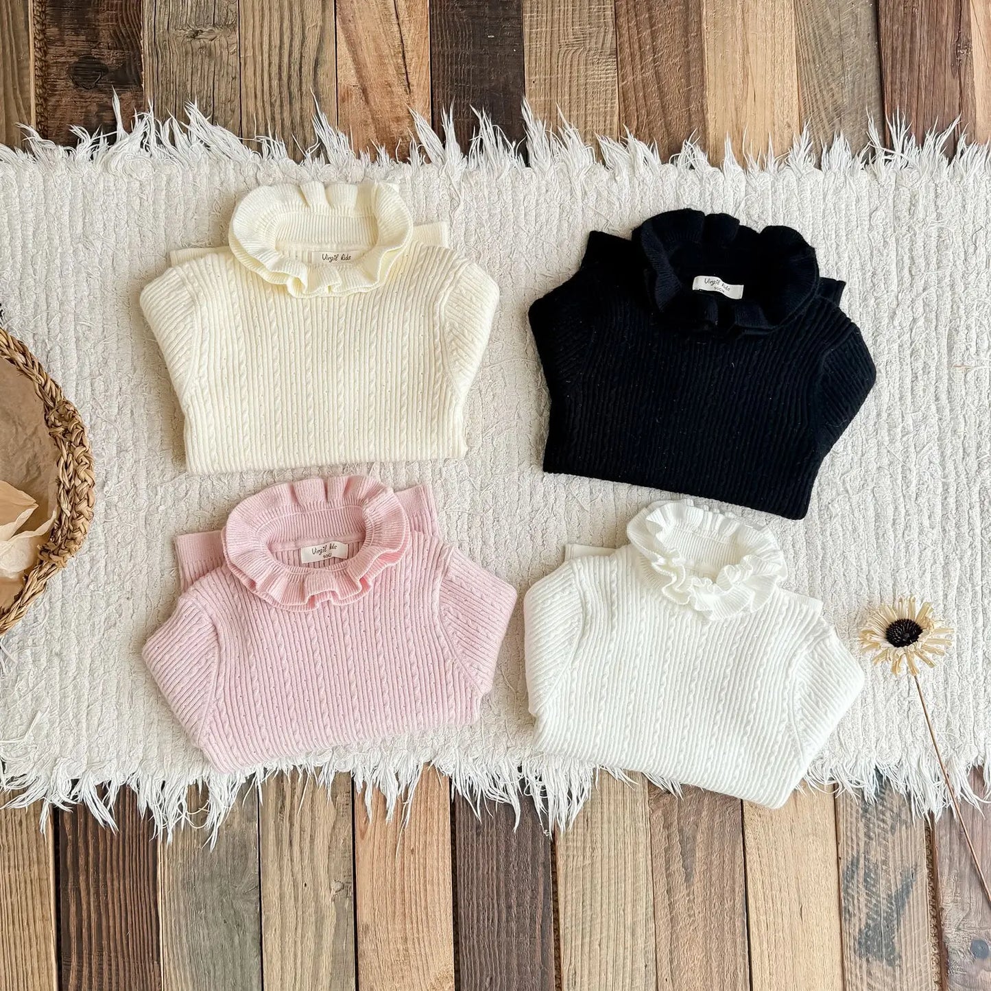 長袖Tシャツ キッズトップス ダブルラッフルカラーハイネック長袖カットソーTシャツ【mh0007670】