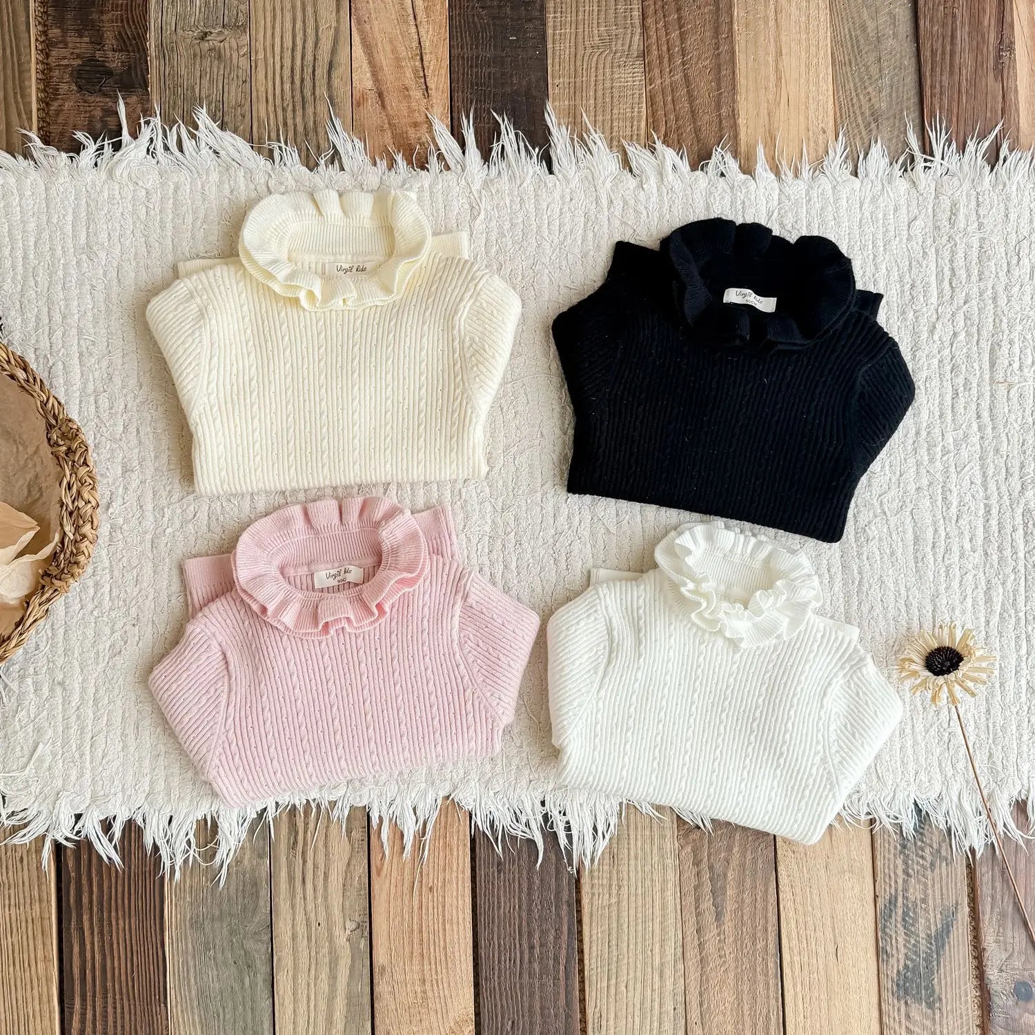 長袖Tシャツ キッズトップス ダブルラッフルカラーハイネック長袖カットソーTシャツ【mh0007670】