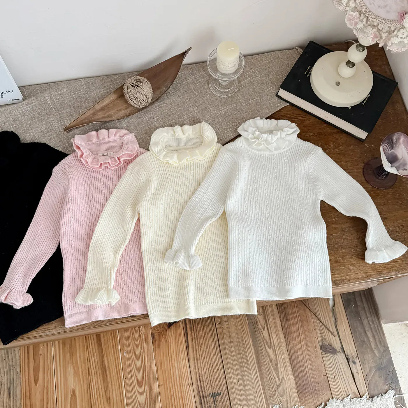 長袖Tシャツ キッズトップス ダブルラッフルカラーハイネック長袖カットソーTシャツ【mh0007670】