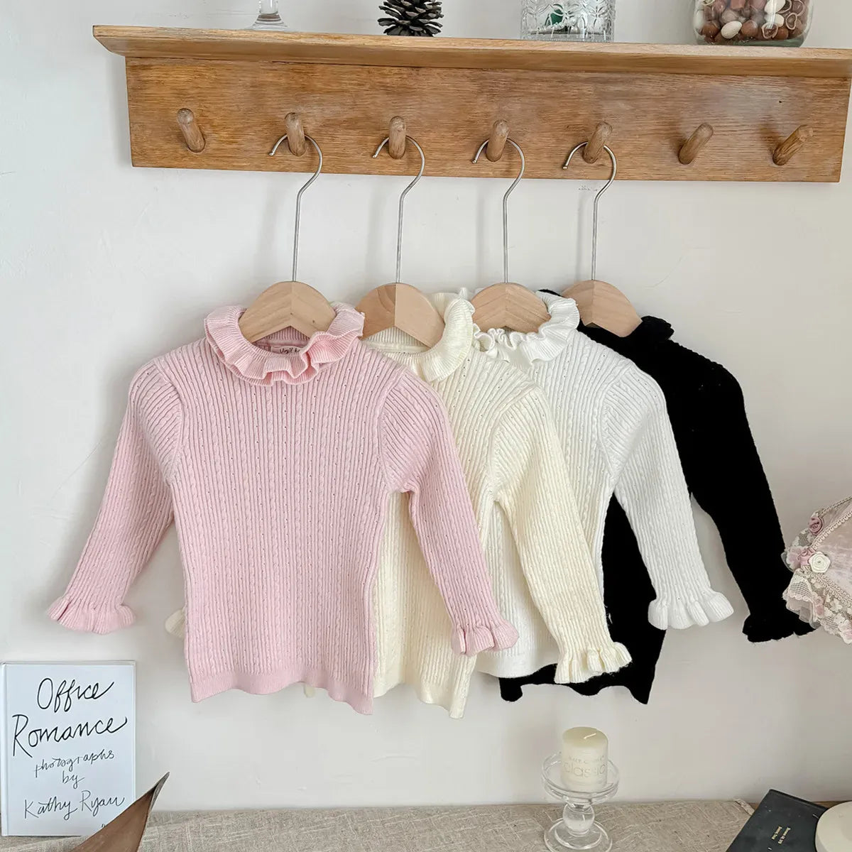 長袖Tシャツ キッズトップス ダブルラッフルカラーハイネック長袖カットソーTシャツ【mh0007670】