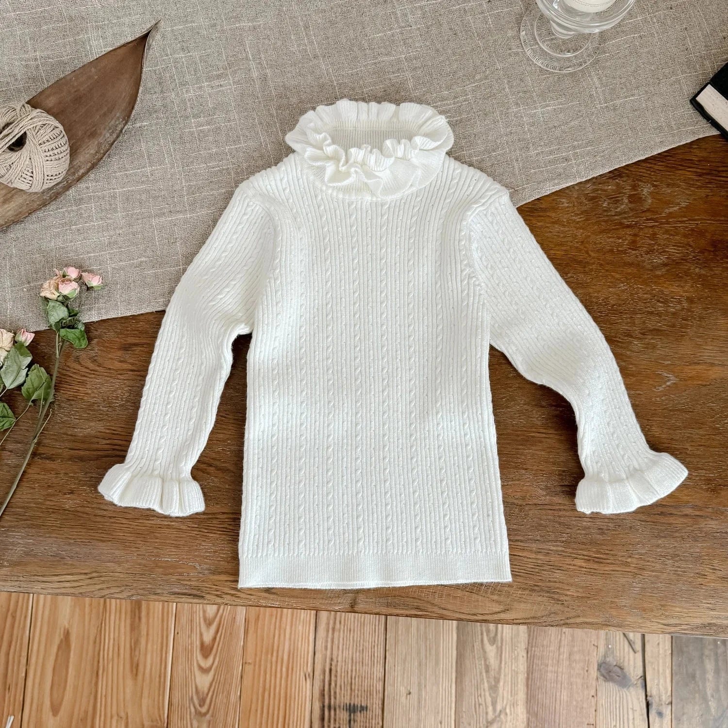 長袖Tシャツ White / 90cm キッズトップス ダブルラッフルカラーハイネック長袖カットソーTシャツ【mh0007670】