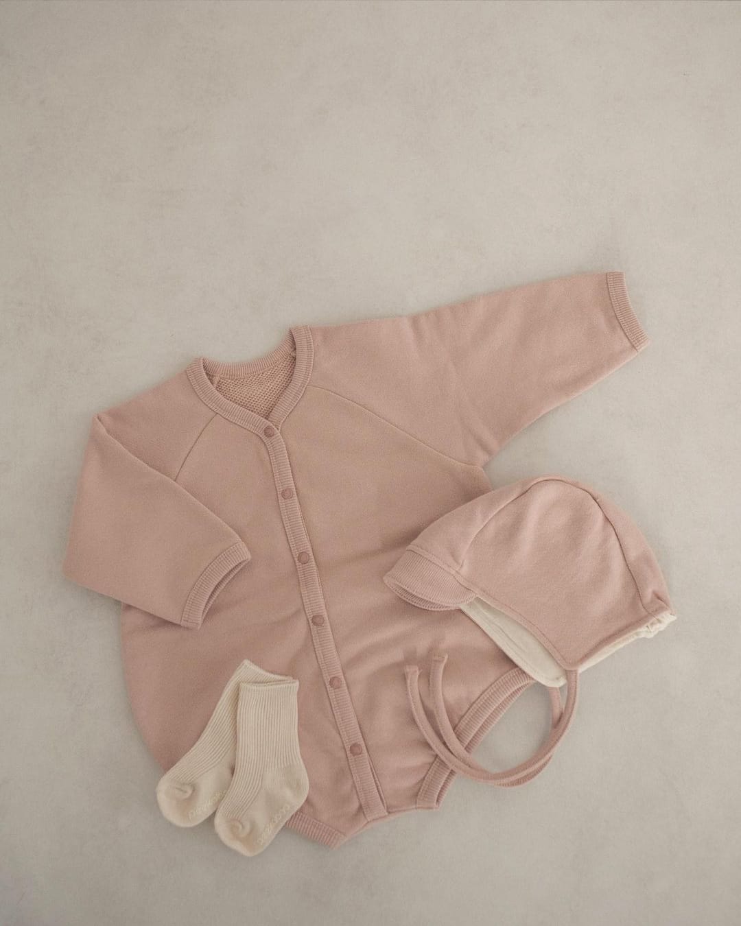 Waffle Knit Romper with Bonnet ワッフル 長袖 ロンパース ボンネット【mh0012676】 BBAMMA 長袖ロンパース