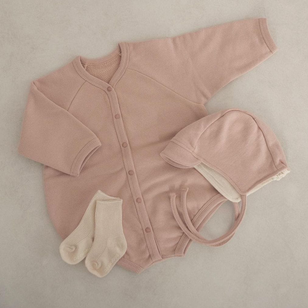 Waffle Knit Romper with Bonnet ワッフル 長袖 ロンパース ボンネット【mh0012676】 Pink / 66cm BBAMMA 長袖ロンパース