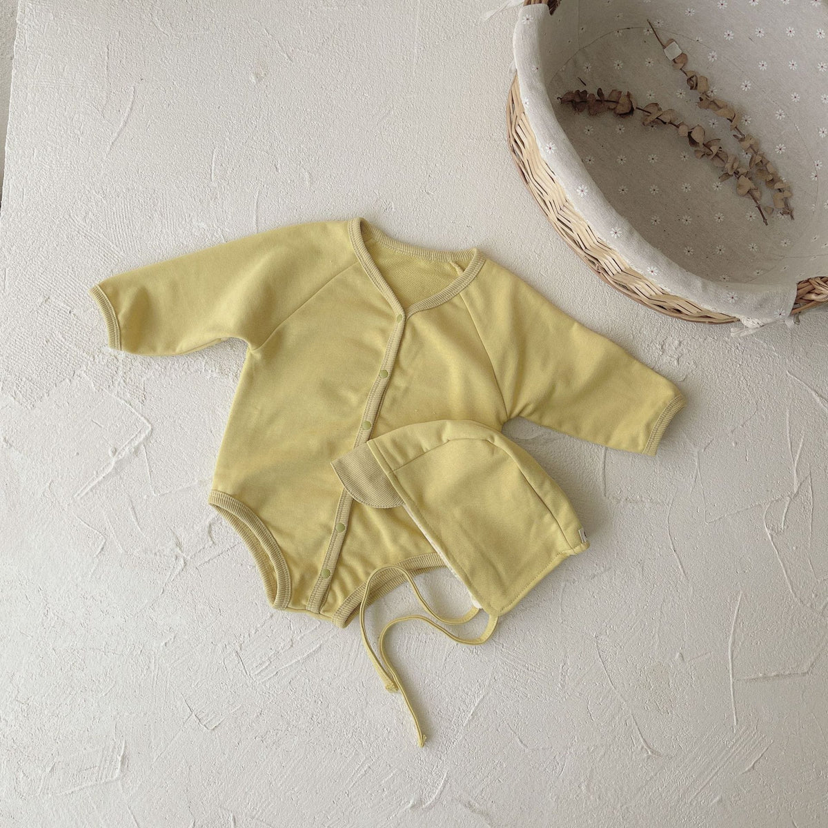 Waffle Knit Romper with Bonnet ワッフル 長袖 ロンパース ボンネット【mh0012676】 Turmeric / 66cm BBAMMA 長袖ロンパース