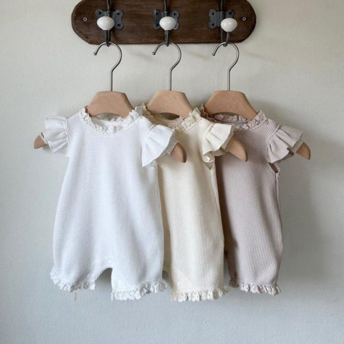 Waffle Lace Ruffle Sleeve Romper ワッフル 半袖ロンパース【mh0013510】 BBAMMA 半袖ロンパース