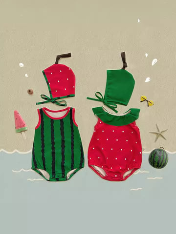 Watermelon Strawberry Fruit Motif One-Piece Swimsuit With Hat スイカ いちご ベビー ワンピース水着【mh0013377】 TOMMY'S GIFTS ベビー用水着