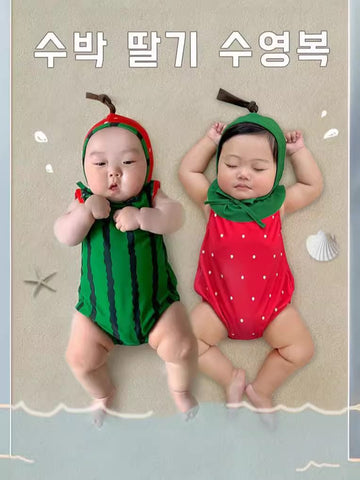 Watermelon Strawberry Fruit Motif One-Piece Swimsuit With Hat スイカ いちご ベビー ワンピース水着【mh0013377】 TOMMY'S GIFTS ベビー用水着