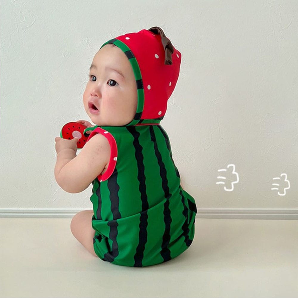 Watermelon Strawberry Fruit Motif One-Piece Swimsuit With Hat スイカ いちご ベビー ワンピース水着【mh0013377】 Watermelon / 66cm TOMMY'S GIFTS ベビー用水着