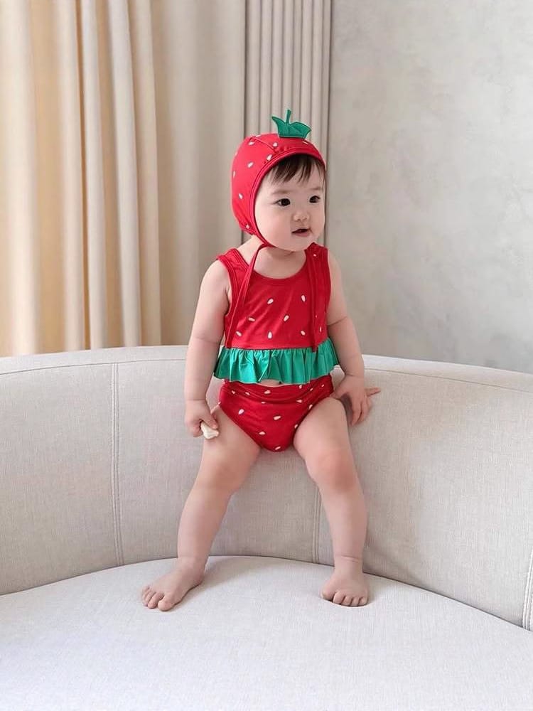 Watermelon Theme Three-Piece Swimwear スイカ タンキニ スイムパンツ スイムキャップ セット【mh0013364】 TOMMY'S GIFTS ベビー用水着