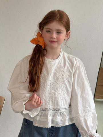White Embroidered Lace Doll Shirt 刺繍 クルーネック ブラウス【mh0012316】 Jianzidan