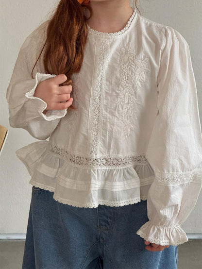White Embroidered Lace Doll Shirt 刺繍 クルーネック ブラウス【mh0012316】 Jianzidan
