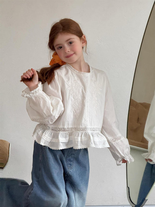 White Embroidered Lace Doll Shirt 刺繍 クルーネック ブラウス【mh0012316】 White / 90cm Jianzidan