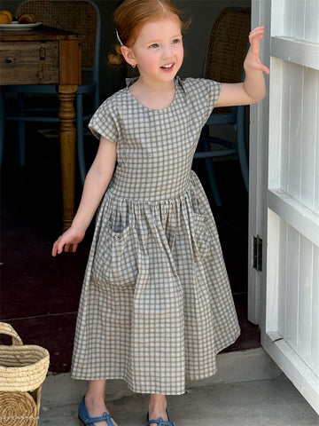Windowpane Check Backless Midi Dress グラフチェック コットン 半袖ワンピース【mh0012783】 Blue / 90cm Chengle 半袖ワンピース