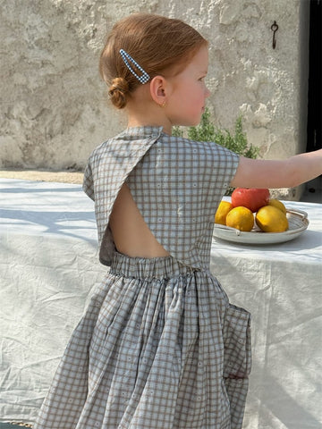 Windowpane Check Backless Midi Dress グラフチェック コットン 半袖ワンピース【mh0012783】 Chengle 半袖ワンピース