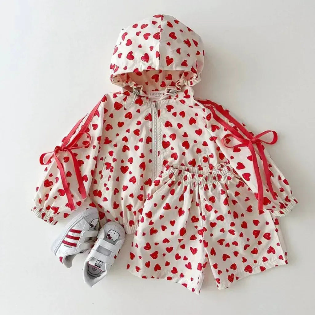 長袖セットアップ キッズセットアップ 2点セット ロングスリーブ リボン付き サンスクリーン ジャケット + ショーツ 2点セット フード付き カーディガン 服セット【mh0005560】