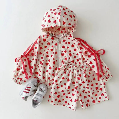 長袖セットアップ キッズセットアップ 2点セット ロングスリーブ リボン付き サンスクリーン ジャケット + ショーツ 2点セット フード付き カーディガン 服セット【mh0005560】