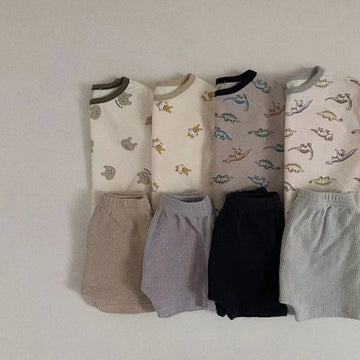 半袖セットアップ ベビーキッズセットアップ 2点セット 半袖プリントTシャツ+ショートパンツ  4カラー【mh0005785】