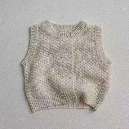 ベスト Beige White / 73cm ニットベスト | ポコポコ編みダブルボタン | 春秋レイヤードトップス【mh0011476】