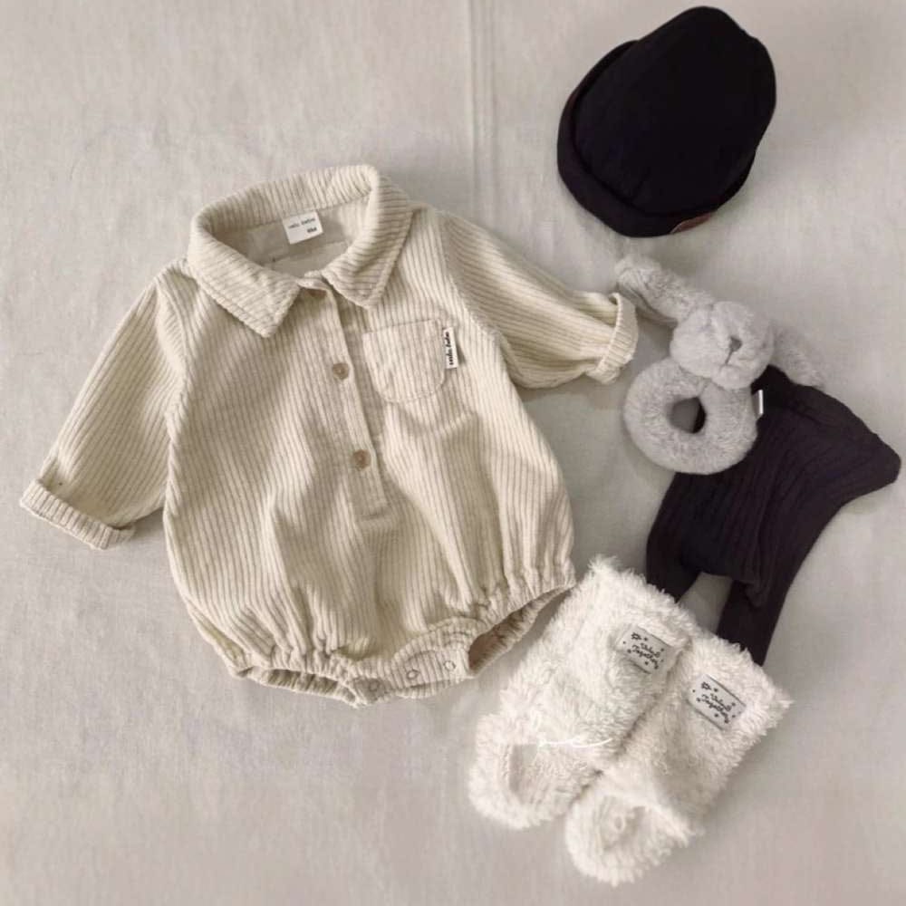 長袖ロンパース Beige White / 73cm 長袖シャツロンパース | コーデュロイ襟付きカバーオール | 秋冬ボディスーツ【mh0011484】