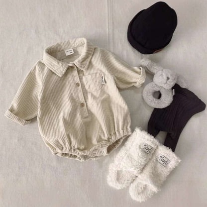 長袖ロンパース Beige White / 73cm 長袖シャツロンパース | コーデュロイ襟付きカバーオール | 秋冬ボディスーツ【mh0011484】