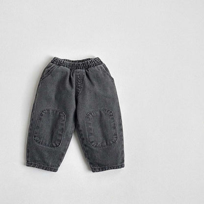 デニムパンツ Black Gray / 73cm ワイドデニムパンツ | 膝パッチポケット | イージーウエストロングパンツ【mh0011483】