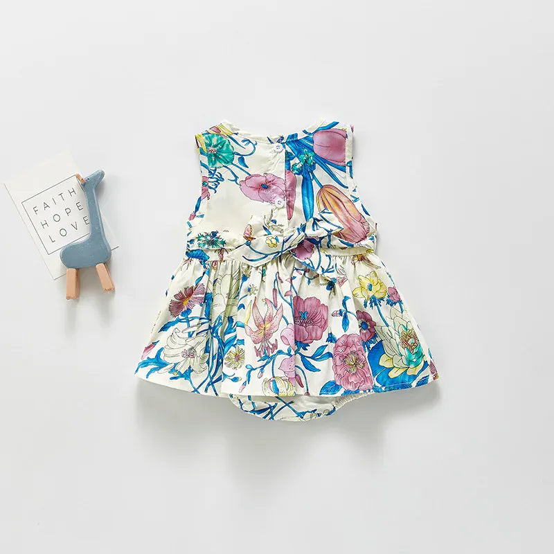 ノースリーブロンパース Blue / 3-6M 66cm ベビーロンパース ノースリーブ スカートボディスーツ フラワー花柄プリント 2カラー【mh0006232】