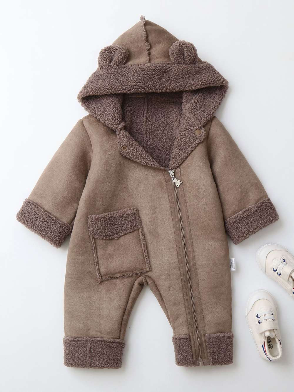 アウタージャンプスーツ Brown / 66cm ベビーカバーオール | くま耳フード | 裏ボアムートン風アウターロンパース【mh0011487】