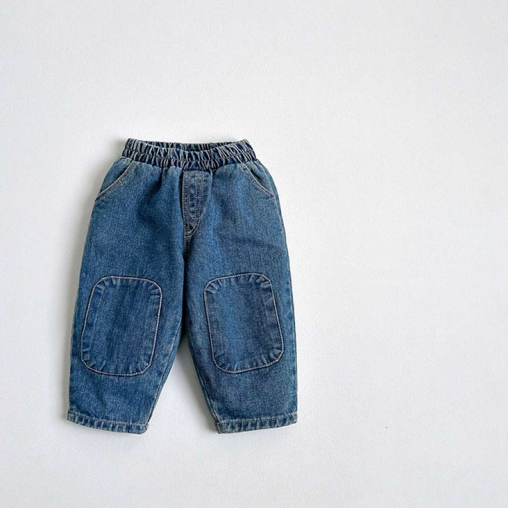 デニムパンツ Dark Blue / 73cm ワイドデニムパンツ | 膝パッチポケット | イージーウエストロングパンツ【mh0011483】