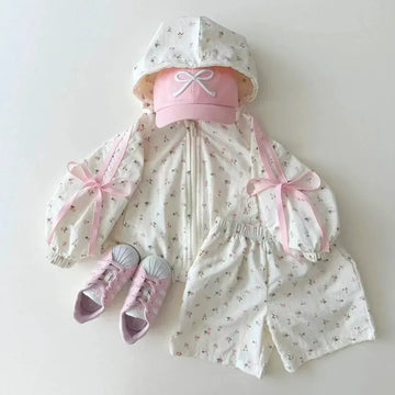 長袖セットアップ Floral / 12M  80CM キッズセットアップ 2点セット ロングスリーブ リボン付き サンスクリーン ジャケット + ショーツ 2点セット フード付き カーディガン 服セット【mh0005560】