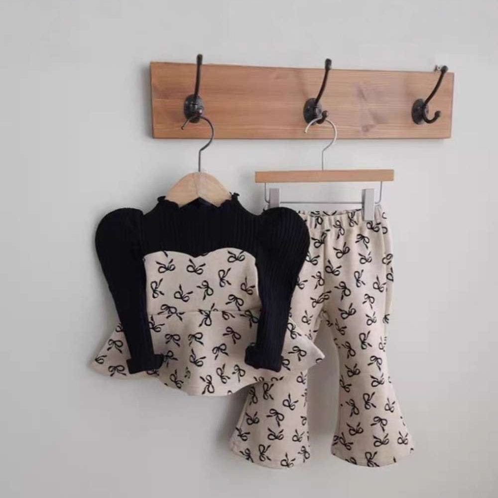 長袖セットアップ Khaki / 73cm リボン柄ペプラムトップス + フレアパンツ | パフ袖セットアップ | リンクコーデ【mh0011489】