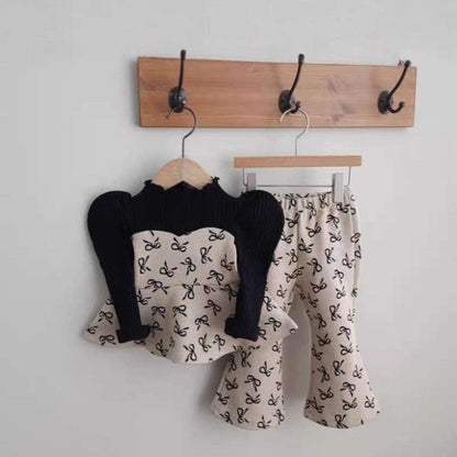 長袖セットアップ Khaki / 73cm リボン柄ペプラムトップス + フレアパンツ | パフ袖セットアップ | リンクコーデ【mh0011489】