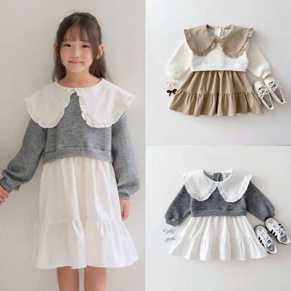 長袖ワンピース 長袖ドッキングワンピース | ビッグカラーフリル襟 | レイヤード風【mh0011486】