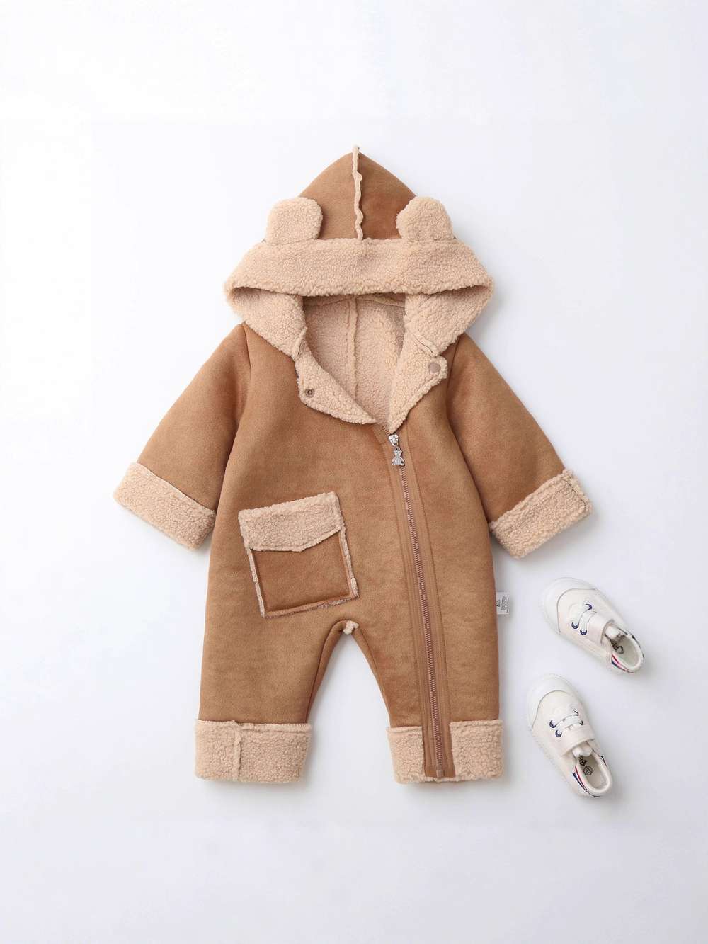 アウタージャンプスーツ ベビーカバーオール | くま耳フード | 裏ボアムートン風アウターロンパース【mh0011487】