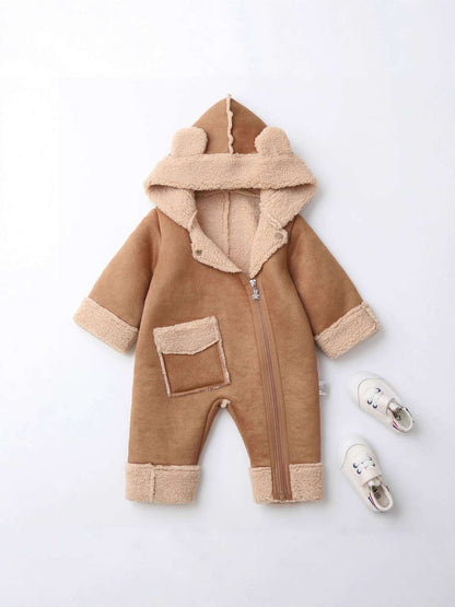 アウタージャンプスーツ ベビーカバーオール | くま耳フード | 裏ボアムートン風アウターロンパース【mh0011487】