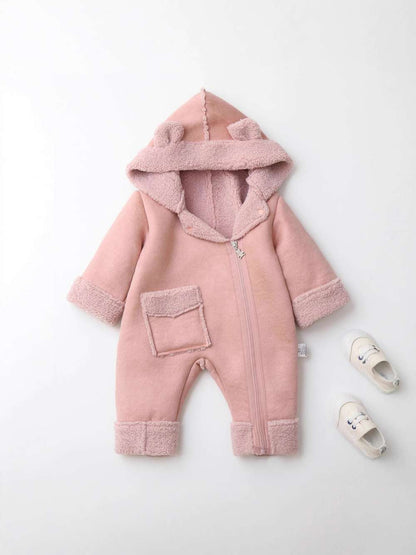 アウタージャンプスーツ ベビーカバーオール | くま耳フード | 裏ボアムートン風アウターロンパース【mh0011487】