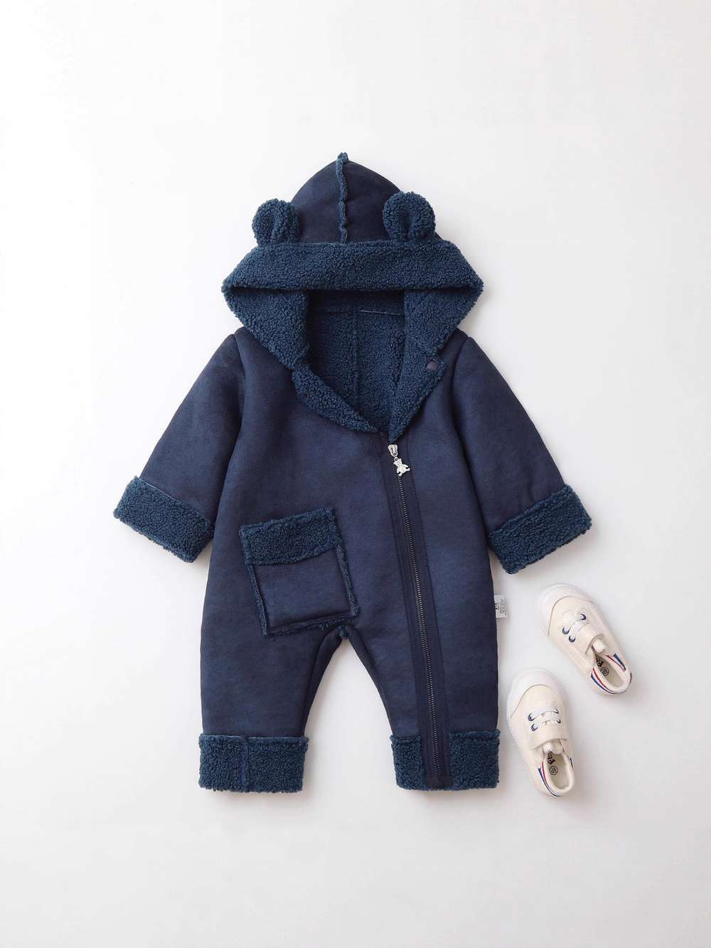 アウタージャンプスーツ ベビーカバーオール | くま耳フード | 裏ボアムートン風アウターロンパース【mh0011487】