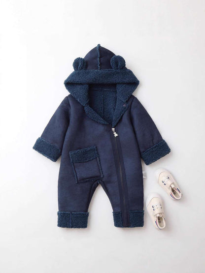 アウタージャンプスーツ ベビーカバーオール | くま耳フード | 裏ボアムートン風アウターロンパース【mh0011487】