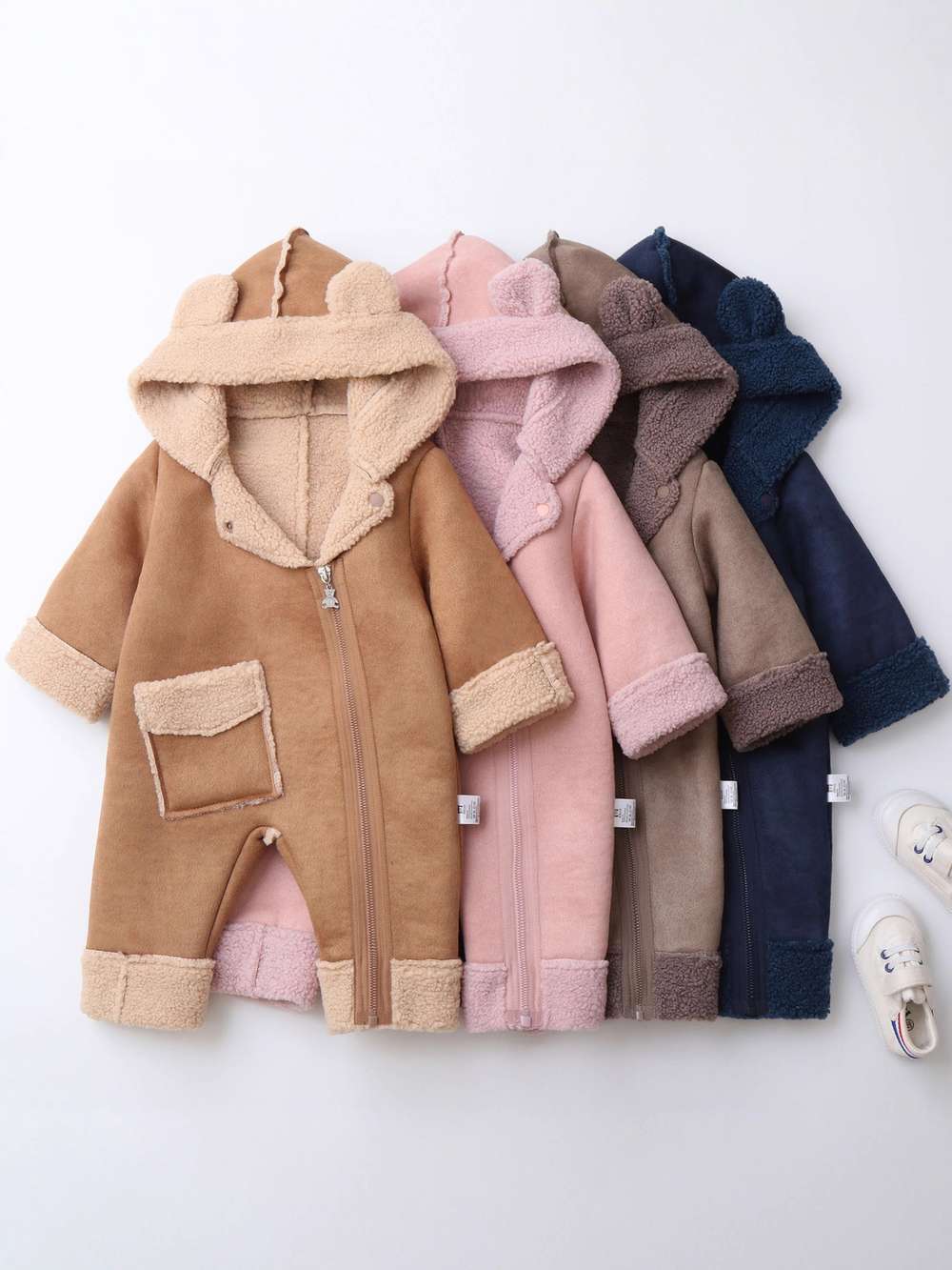 アウタージャンプスーツ ベビーカバーオール | くま耳フード | 裏ボアムートン風アウターロンパース【mh0011487】