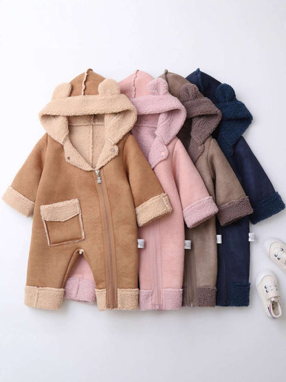 アウタージャンプスーツ ベビーカバーオール | くま耳フード | 裏ボアムートン風アウターロンパース【mh0011487】